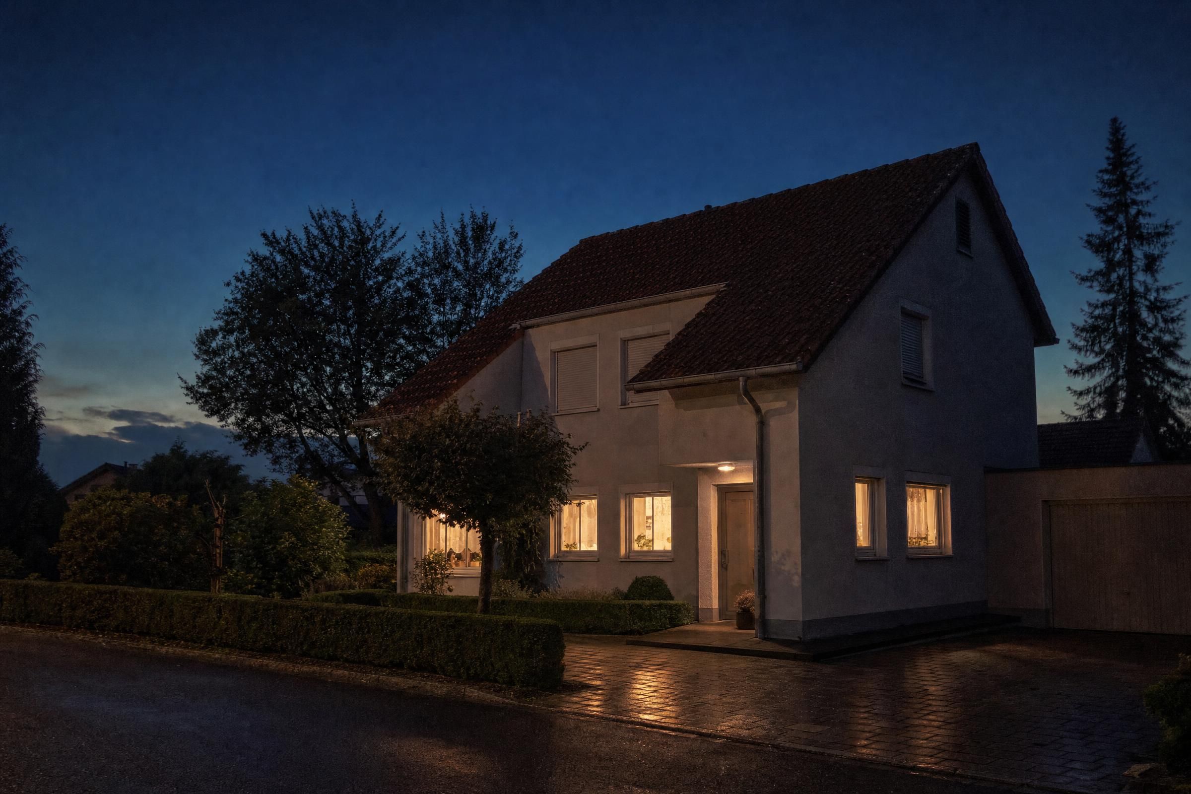 Wohnhaus bei Nacht mit warm beleuchteten Fenstern