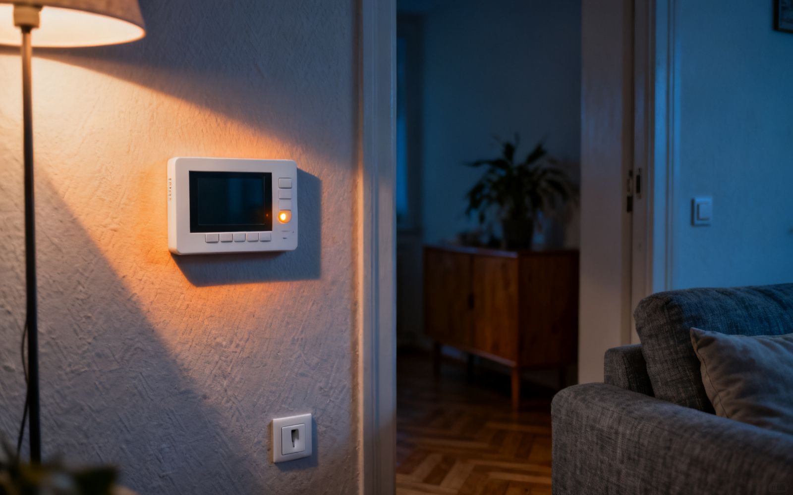 Bedienteil einer Alarmzentrale an einer Wohnzimmerwand