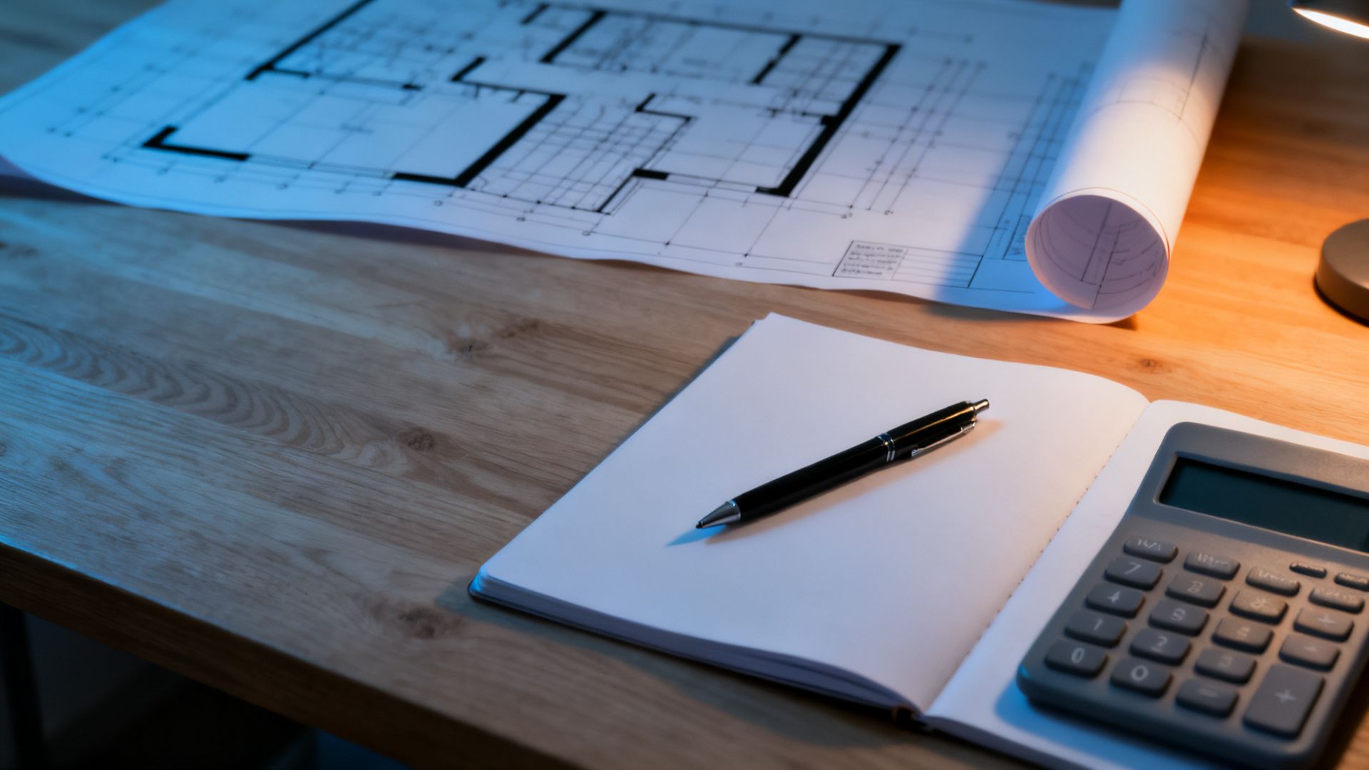 Taschenrechner, Notizblock und Stift vor einem Grundrissplan