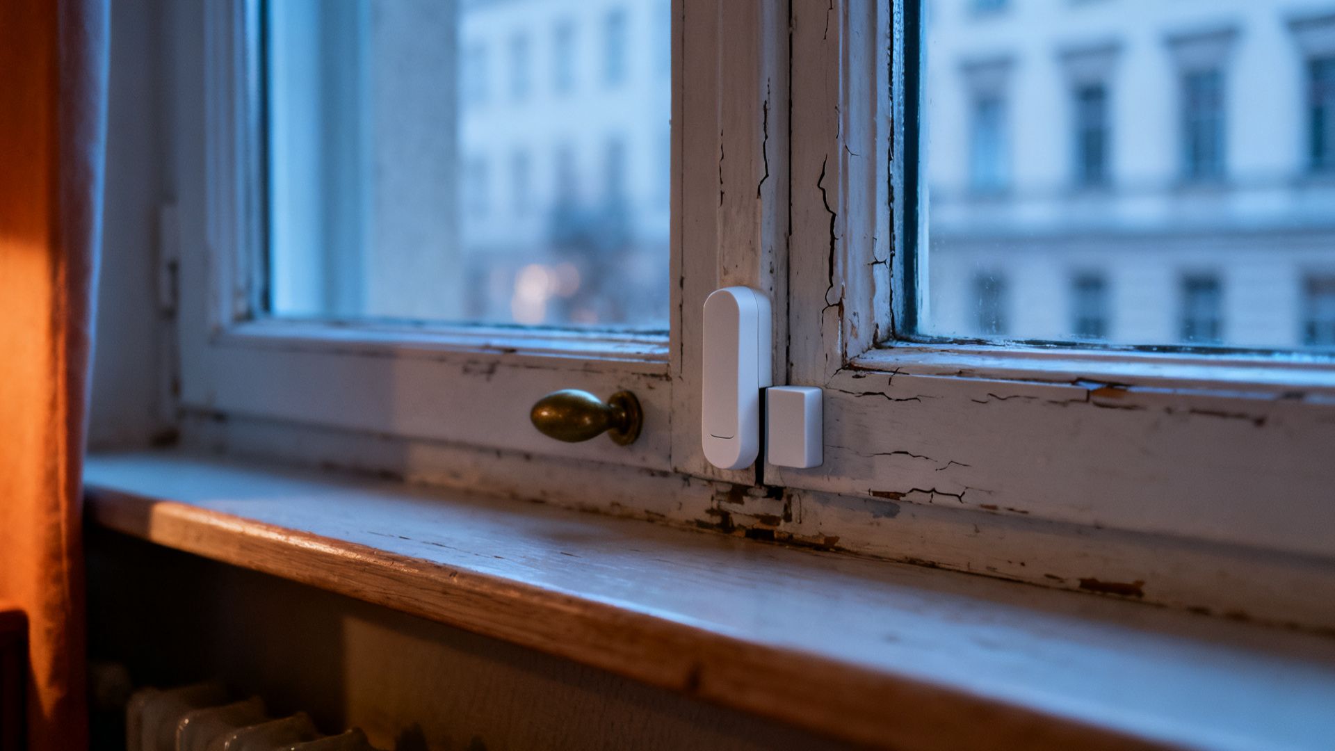 Zweiteiliger Öffnungsmelder an einem Altbaufenster, von innen montiert