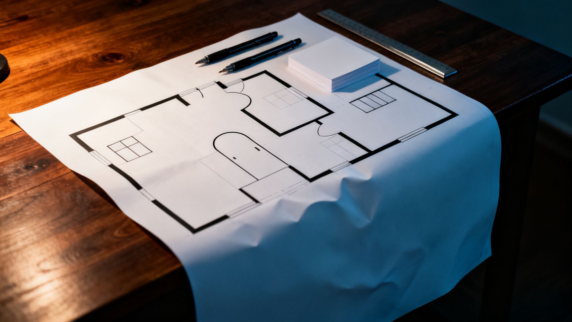 Grundriss mit Stiften, Lineal und Notizmaterial auf einem Tisch